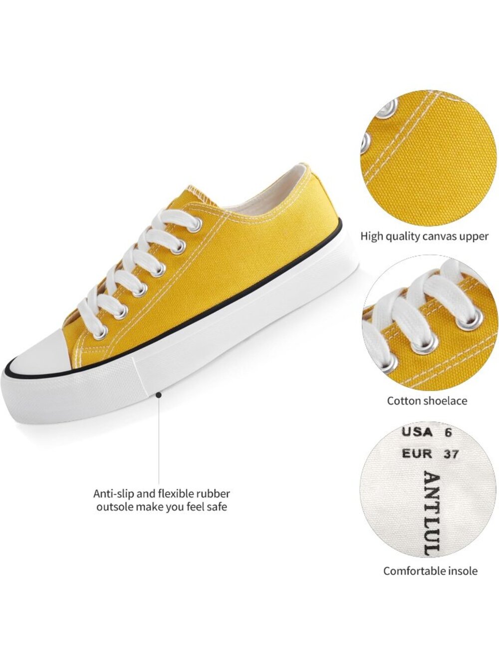 Women's Mustard Canvas Low Top and Lace up Fashion Classic Flexible Sneakers - Picture 4 of 6